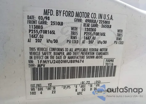 1998 Ford Explorer Sport from USA, damaged, VIN 1FMYU24E0WUB89674